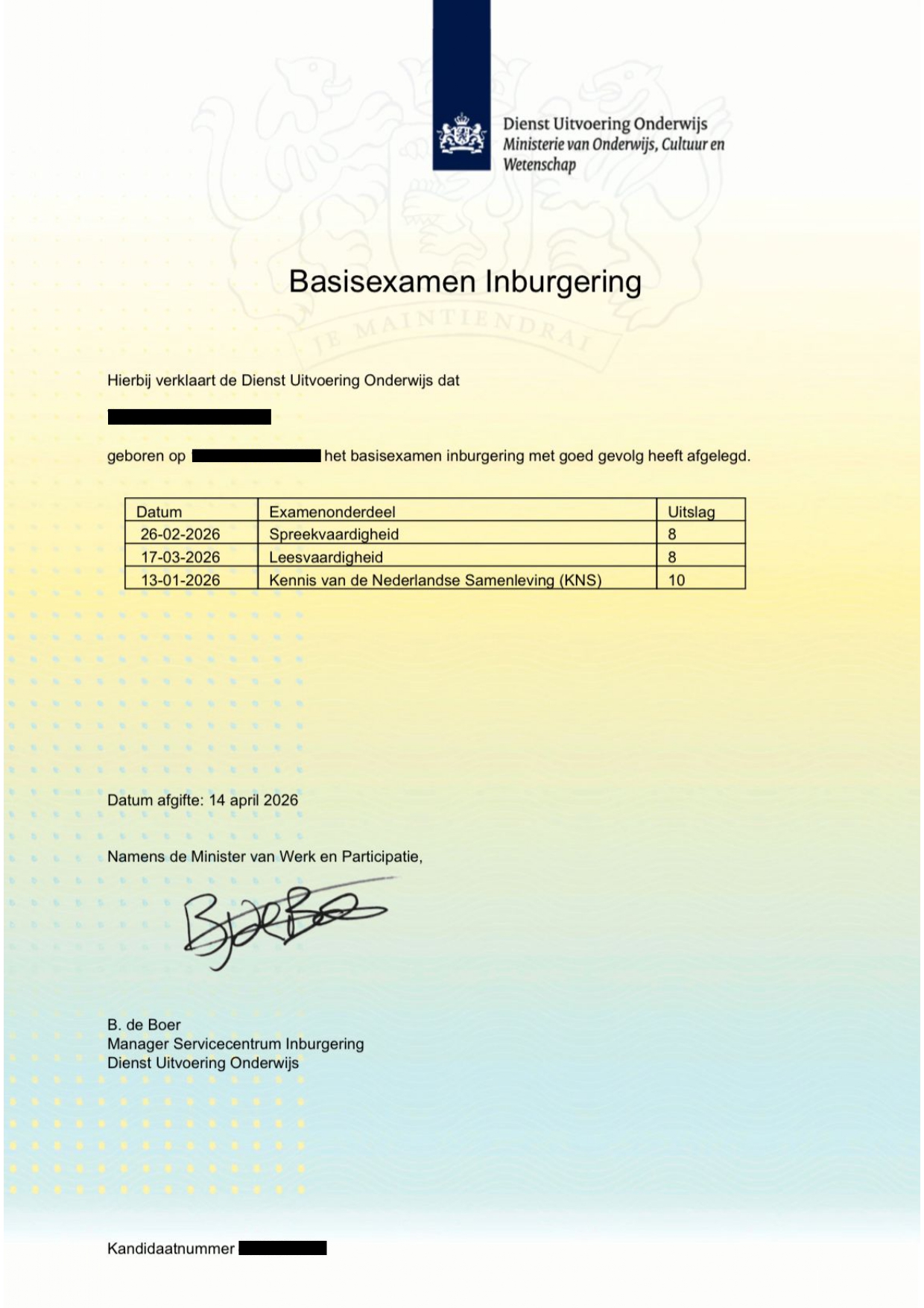 Resultaat geslaagde cursist 1